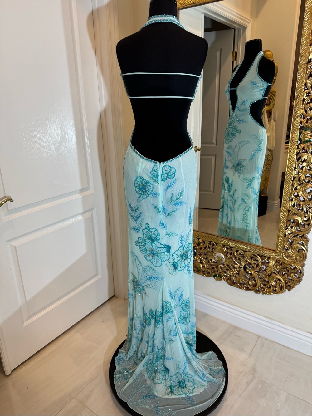 Elegant Light Blue  hand, beaded, and hand embroidered Halter Evening Gown. WOW - Picture 6 of 14